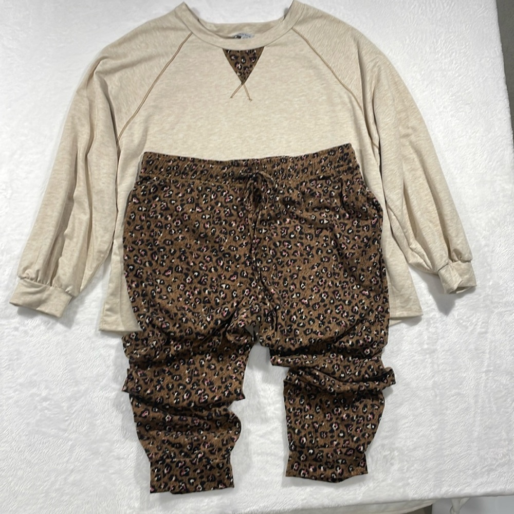 2-Piece Set White Birch Sleepwear Cheetah Print 1X Pink & Brown Print Pockets